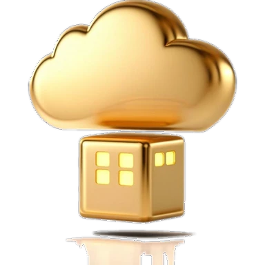 3D golden cloud above server tower — private cloud infrastructure